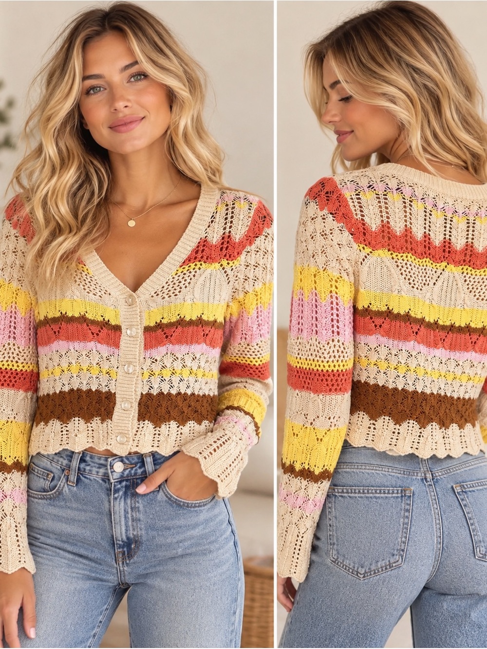 Altar'd State Beige Multicolor Striped Button-Front Cardigan